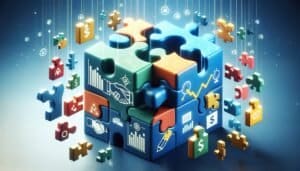 A puzzle cube with different business icons floating around it.