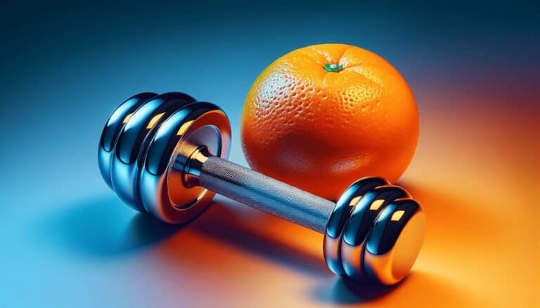 An orange and a dumbbell on a blue background.