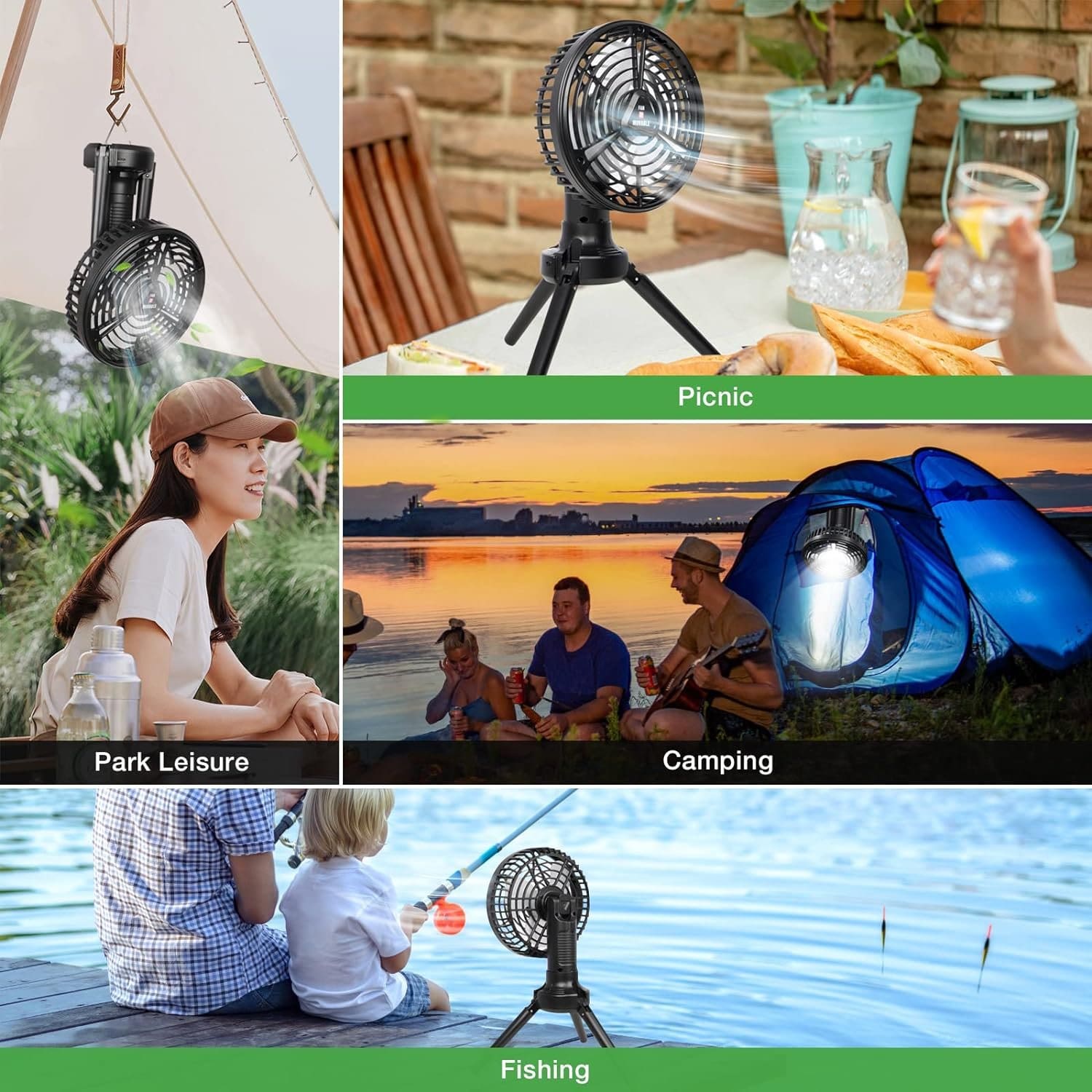 DUKUSEEK Tent Ceiling Fans, Portable Tent Fans with Light and Remote Control, Power Bank, USB Battery Operated Camping Fan with Hanging Hook for Canopy Tent, RV