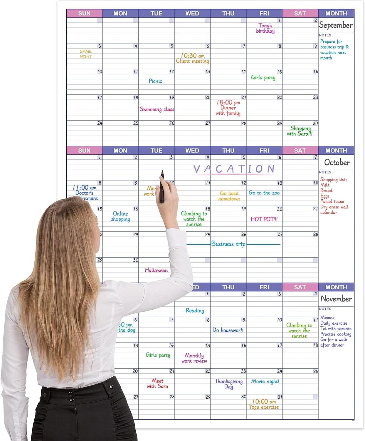 BooQool Large Dry Erase Calendar for Wall - Undated 3 Month Calendar, 27.7 x 40, Erasable  Reusable Laminated White Board with 8 Round Stickers, Vertical Layout Home, Office and School