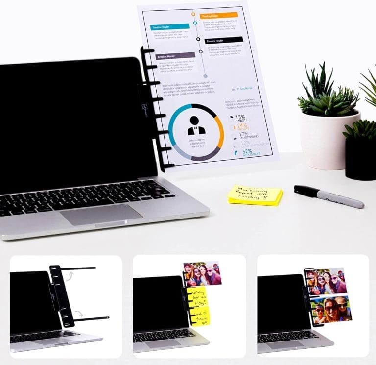 Laptop open next to a binder with infographics, surrounded by sticky notes, a marker, and a potted plant, with insets showing different uses of the setup.