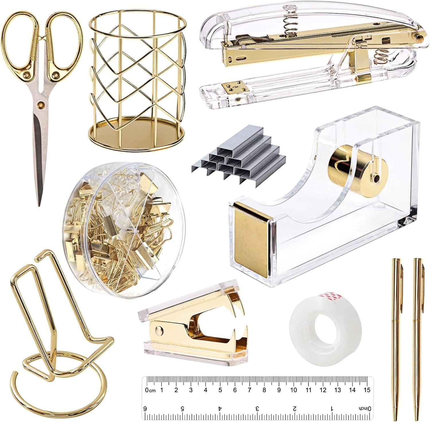 EOOUT Gold Office Supplies Set Desk Accessories, Acrylic Stapler Set Staple Remover, Phone Holder, Tape Holder, Pen Holder, 2 Ballpoint Pen, Scissor, Binder Clips, Ruler, Transparent Glue and Staples.