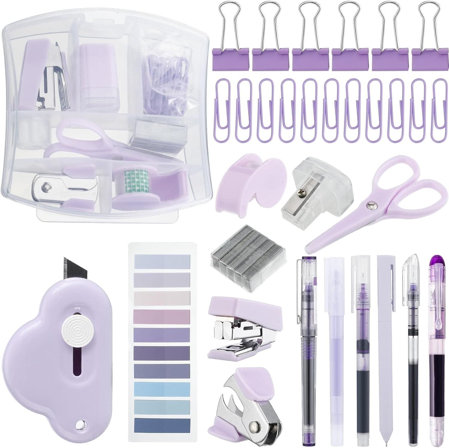 Mini Office Supply Kit Includes Stapler Tape Dispenser Staple Remover Paper Clips Scissor Staples Pen Sharpener Note Small Telescopic Knife for Office and School Clerk Student (Purple)