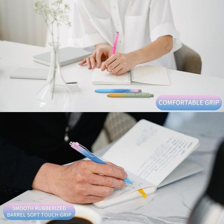 Top image: a person writing notes at a desk with a pink pen. bottom image: close-up of a hand using a pen with a rubberized grip, over an open notebook.