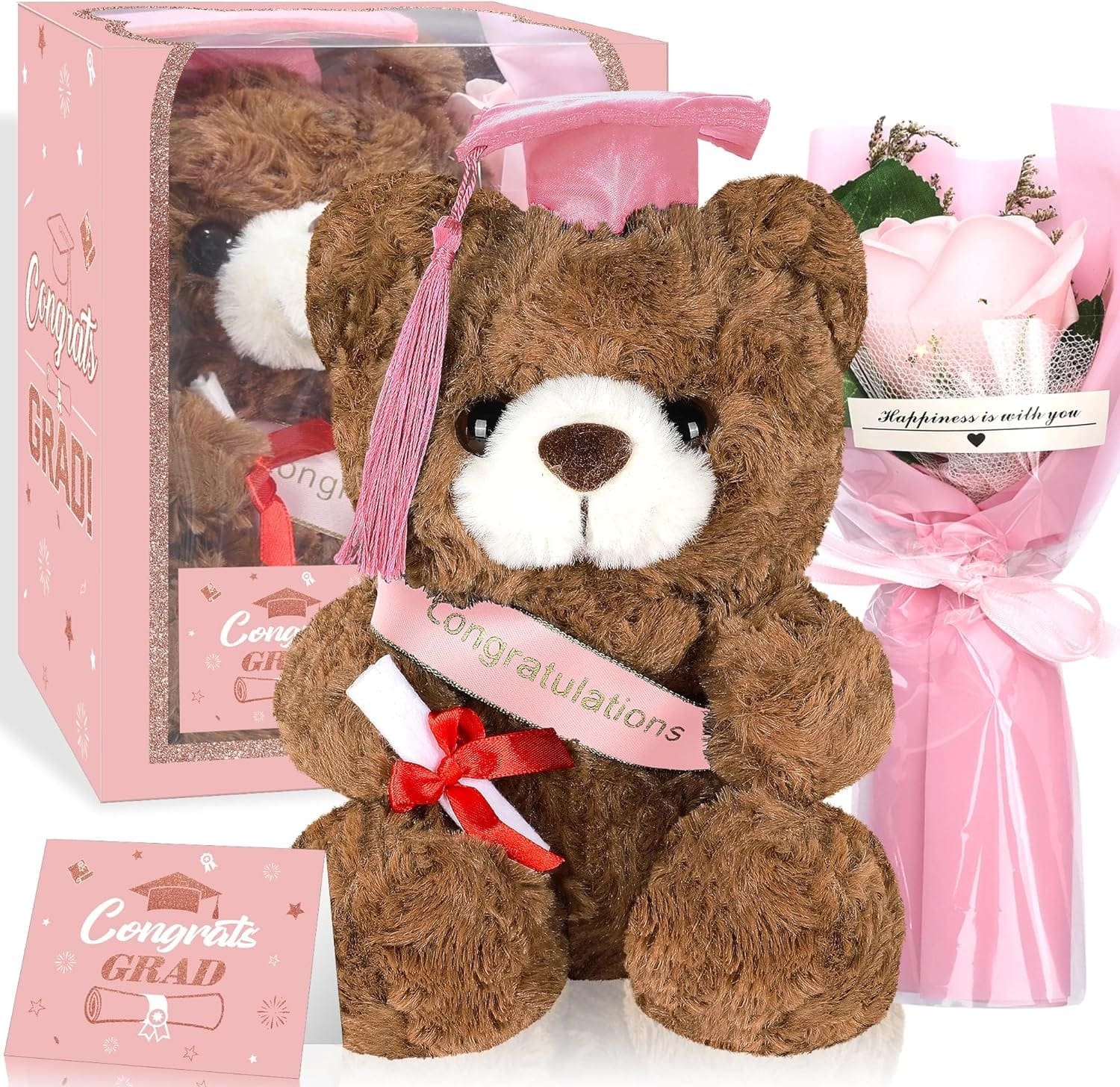 Sawowkuya Graduation Gifts Set Class of 2024 Graduation Stuffed Teddy Bear with Soap Artificial Flower Congrats Grad Card and Graduation Box with Window Graduation Gifts for Her Him (Pink)